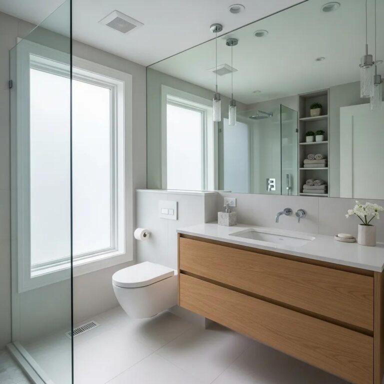 Small stylish bathroom with wall-mounted fixtures and a floating vanity to maximize floor space